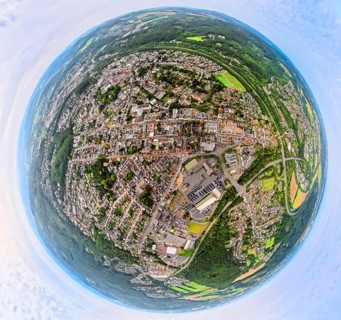 Aerial view, residential area, Neheim city centre, earth globe, fisheye image, 360 degree image,