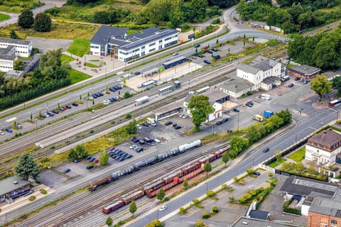 Aerial view, Neheim-Hüsten station, station and marshalling yard, Hüsten, Arnsberg, Ruhr area,