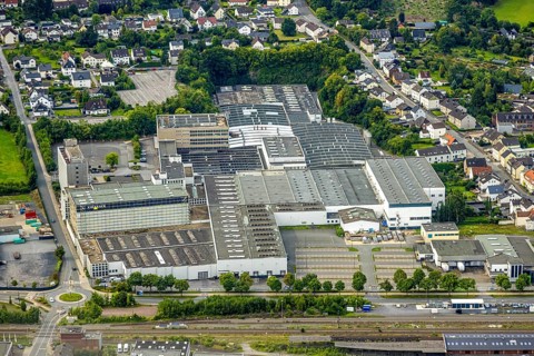Aerial photo, Trilux GmbH factory lighting manufacturer, Hüsten, Arnsberg, Ruhr area, North