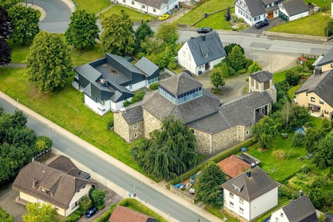 Aerial view, Catholic parish church of St. Stephanus, Wannestraße, Niedereimer, Arnsberg, Ruhr