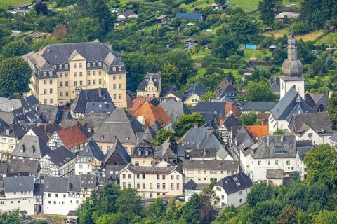 Aerial view, old town and half-timbered houses with administrative court building, St. George's