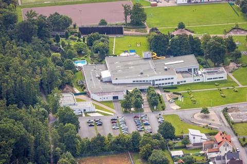Aerial view, leisure pool NASS Arnsberg adventure pool, indoor and outdoor pool, behind the