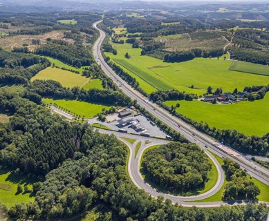 Aerial view, motorway A45 and junction Drolshagen with state road L708, with tankpool24 petrol