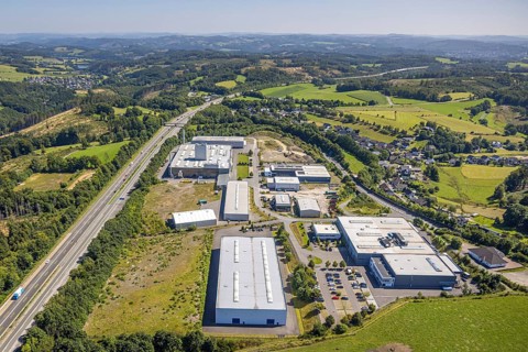 Aerial view, industrial area Buchholz at the motorway A45 and state road L708, hilly landscape,
