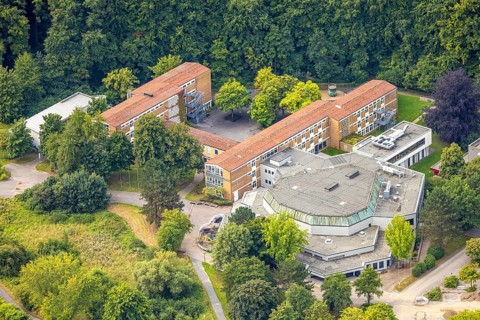 Aerial view, cultural centre Berliner Platz and Franz-Stock-Gymnasium, Hüsten, Arnsberg, Ruhr area,