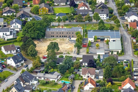 Aerial view, new kindergarten Zum Heimerich with construction site, fire station Volunteer Fire