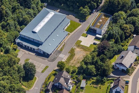 Aerial view, sports hall Wünne TUS 09 Drolshagen and new building dormitory for refugees,