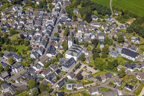 Aerial view, view of the town with St. Clemens Church and Old Monastery Drolshagen, Drolshagen,