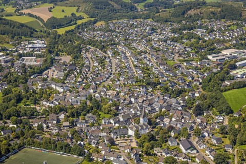 Aerial view, view of the town with St. Clemens Church and Old Monastery Drolshagen, Drolshagen,