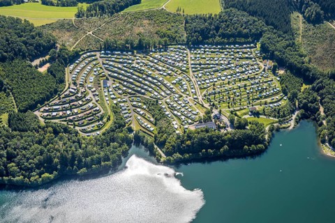 Aerial view, Listertalsperre with camping site Camping Gut Kalberschnacke, Herpel, Drolshagen,