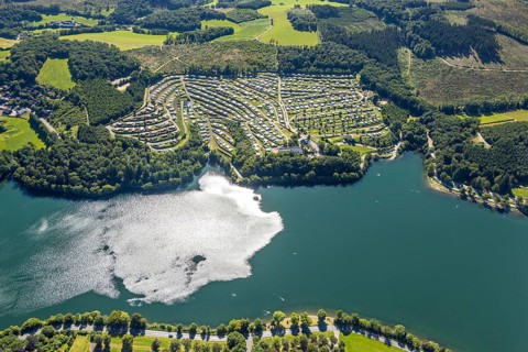 Aerial view, Listertalsperre with camping site Camping Gut Kalberschnacke, Herpel, Drolshagen,