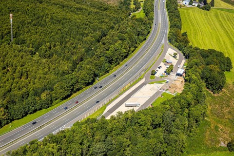 Aerial view, construction site with new rest area and car park Neuenschmiede on the A45 motorway,