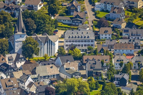 Aerial view, view of the town with St. Clemens-Kirche und Altes Kloster Drolshagen, Drolshagen,