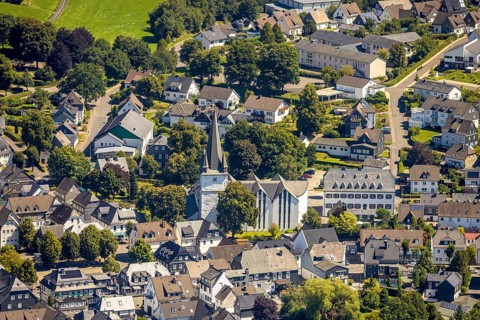 Aerial view, view of the town with St. Clemens-Kirche und Altes Kloster Drolshagen, Drolshagen,