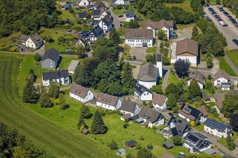 Aerial view, Church of the Nativity of Mary and primary school, residential area, local view,