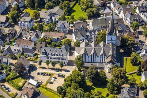 Aerial view, view of the town with St. Clemens-Kirche und Altes Kloster Drolshagen, Drolshagen,