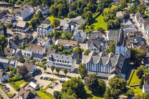 Aerial view, view of the town with St. Clemens-Kirche und Altes Kloster Drolshagen, Drolshagen,