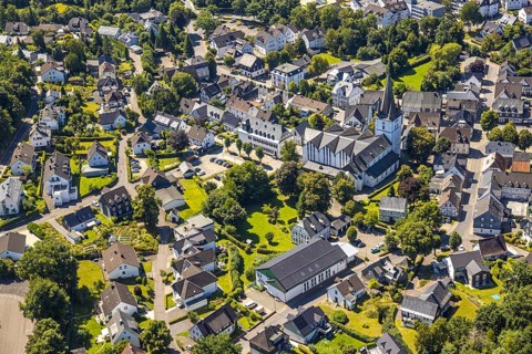 Aerial view, view of the town with St. Clemens-Kirche und Altes Kloster Drolshagen, Drolshagen,