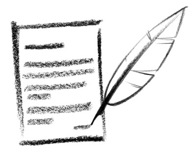 Crayon-sketched illustration of a written information and quill