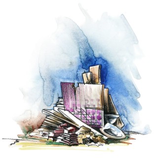 Watercolor and crayon illustration showing a pile of construction waste