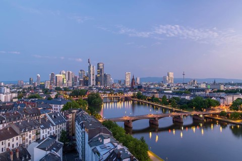 Illuminated Frankfurt City Downtown, Residential Buildings, Bridges and Main River at Morning