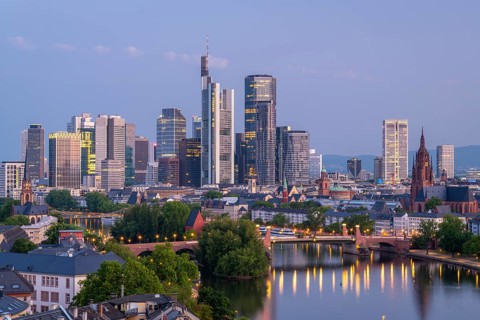 Illuminated Frankfurt City Skyline, Residential Buildings, Bridges and Main River at Morning