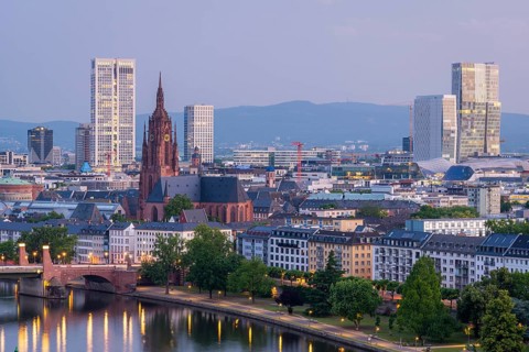 Frankfurt Cathedral, Residential Buildings, Illuminated City and Main River at Morning Twilight.