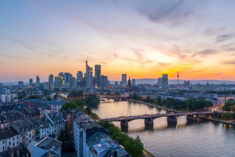 Frankfurt City Downtown, Residential Buildings, Bridges and Main River at Fiery Colorful Evening
