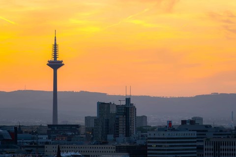 FRANKFURT, GERMANY - JUNE 12, 2025: Europaturm Telecommunications Tower in Frankfurt City at Sunset