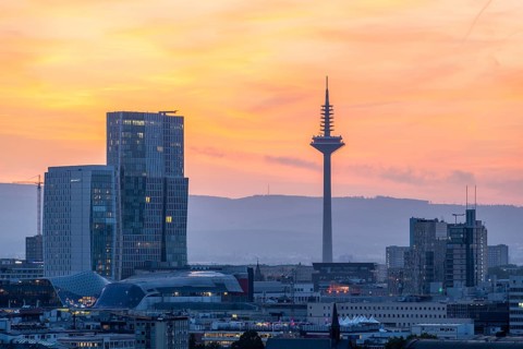 FRANKFURT, GERMANY, JUNE 12, 2025: Europaturm Telecommunications Tower in Frankfurt City at Fiery