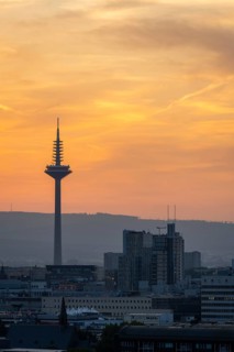 FRANKFURT, GERMANY - JUNE 12, 2025: Europaturm Telecommunications Tower in Frankfurt City at Sunset