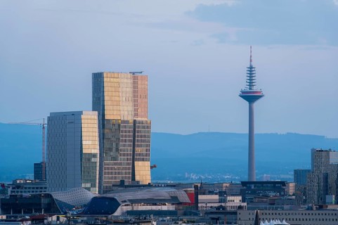 FRANKFURT, GERMANY - JUNE 12, 2025: Europaturm Telecommunications Tower in Frankfurt City in