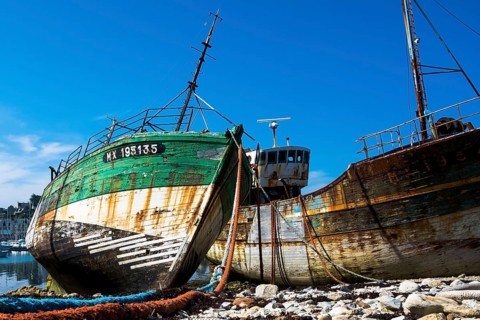 Ship cemetery in the harbour of Camaret-Sur-Mer, West French coast, Camaret-Sur-Mer, Brittany,