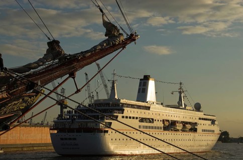 Four-masted schooner Sedov and the cruise ship Deutschland, Port of Hamburg, Hamburg, Germany, Port