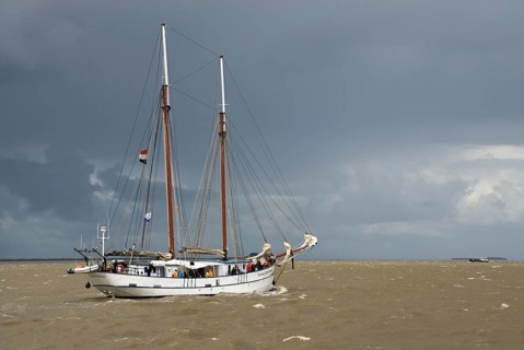 2-masted topsail schooner Flying Dutchman, harbour of Bremerhaven, Bremerhaven, Lower Saxony,