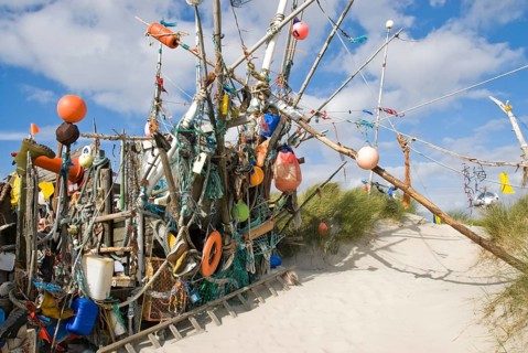 Works of art made from rubbish washed up from the sea in the dune landscape of the North Frisian