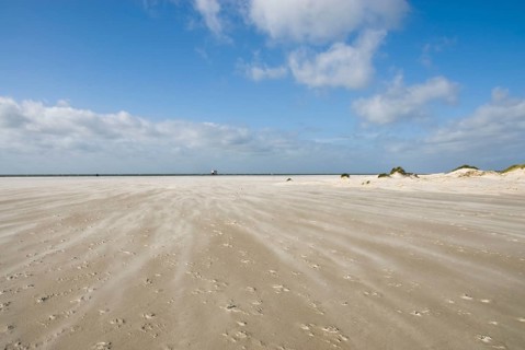 A strong storm whistles across the desert-like western beach of the North Frisian island of Amrum,