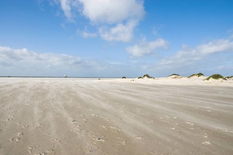 A strong storm whistles across the desert-like western beach of the North Frisian island of Amrum,