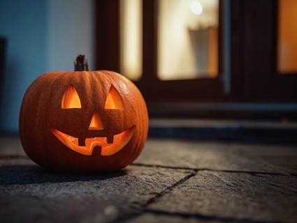A carved, glowing pumpkin with a smiling face stands on a wall in front of a house at night,