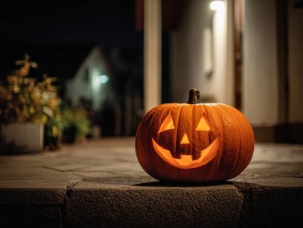 A carved, glowing pumpkin with a smiling face stands on a wall in front of a house at night,
