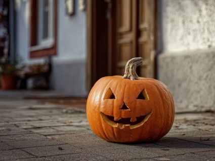 A carved pumpkin with a smiling face stands on a house wall in front of a residential building,