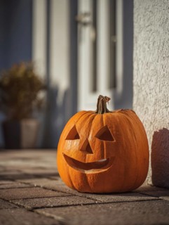 A carved pumpkin with a smiling face stands on a house wall in front of a residential building,