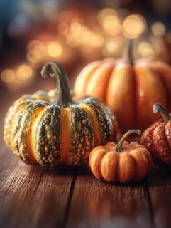 Various ornamental pumpkins, decoratively arranged on a wooden panel, KI generated, KI generated