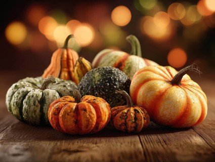 Various ornamental pumpkins, decoratively arranged on a wooden panel, KI generated, KI generated