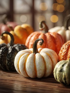 Various ornamental pumpkins, decoratively arranged on a wooden panel, KI generated, KI generated
