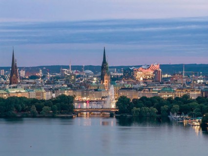 Aerial view of the Outer Alster and Binnenslater at dusk during the Blue Hour with illuminated