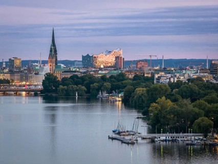 Aerial view of the Outer Alster and Binnenslater at dusk during the Blue Hour with illuminated