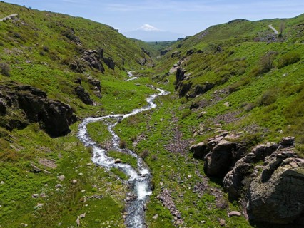 A winding river meanders through a green gorge with a view of a distant snow-capped mountain,