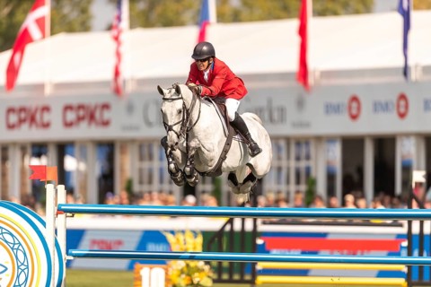 Aaron Vale of the USA, riding Styles, competes in the first round of the 2025 BMO Nations Cup
