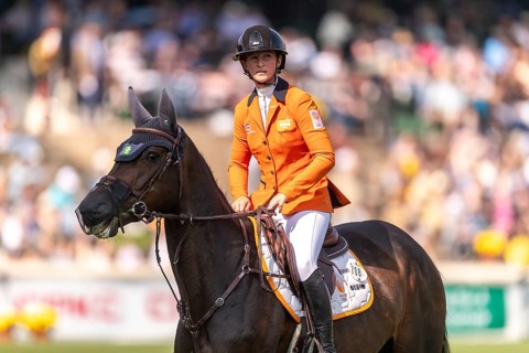 Sanne Thijssen of the Netherlands, riding Cupcake Z, competes in the first round of the 2025 BMO